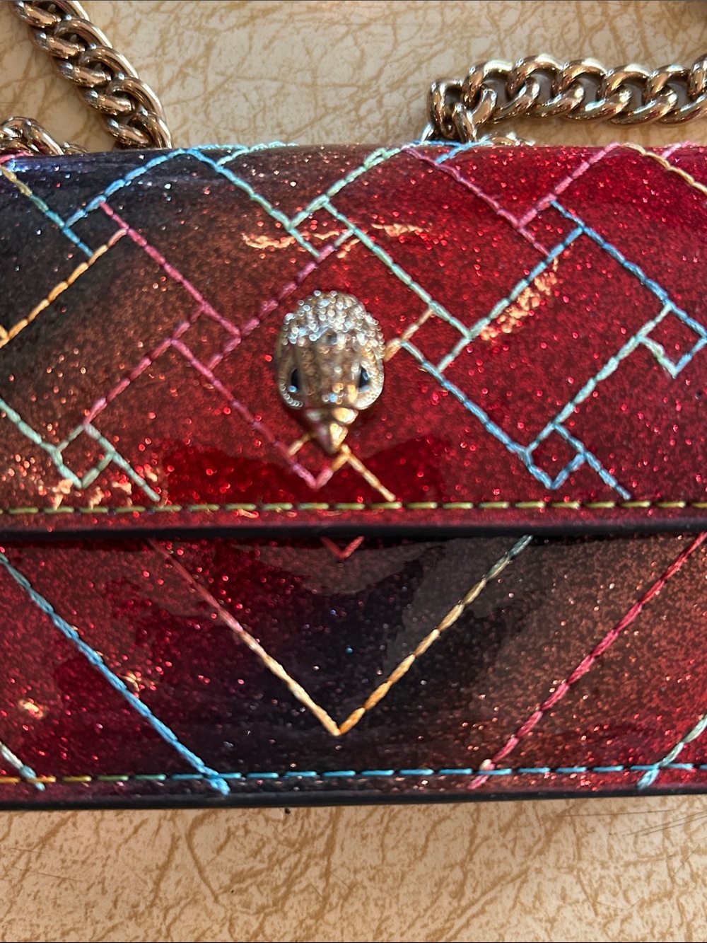 Kurt Geiger Glitter Quilted Mini Crossbody in Burgundy with Multicolor Stitching - Picture 2 of 4